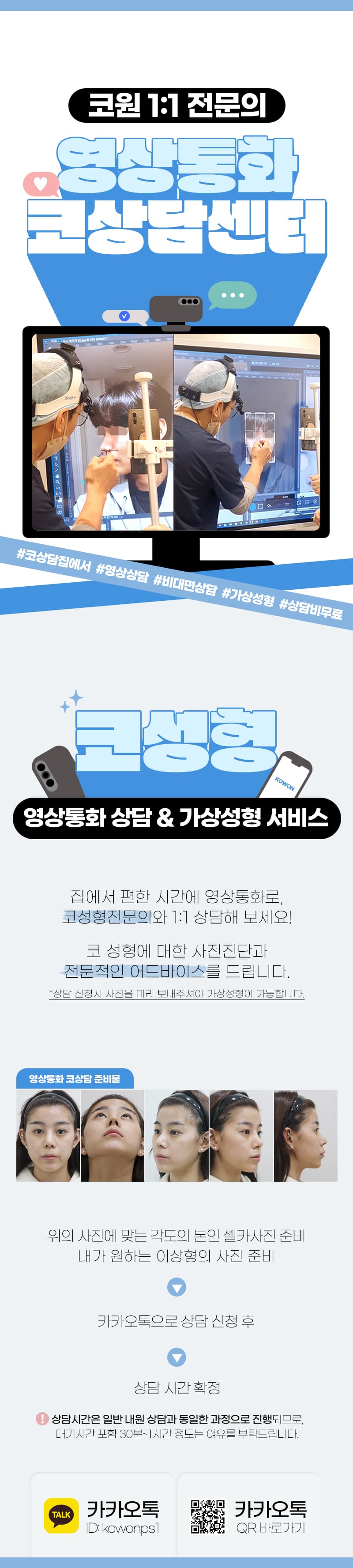 영상상담용 정면, 아래, 45도, 준측면, 측면 얼굴 촬영 예시