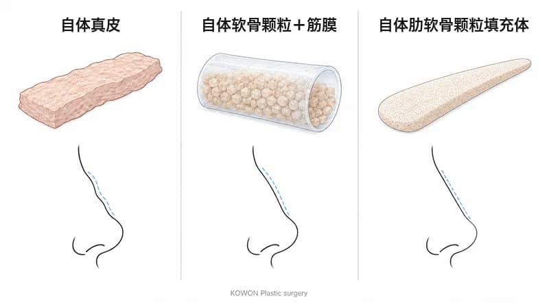自体真皮、筋膜包裹的自体软骨颗粒与自体肋软骨颗粒填充体,以及各自形成的鼻梁线条对比